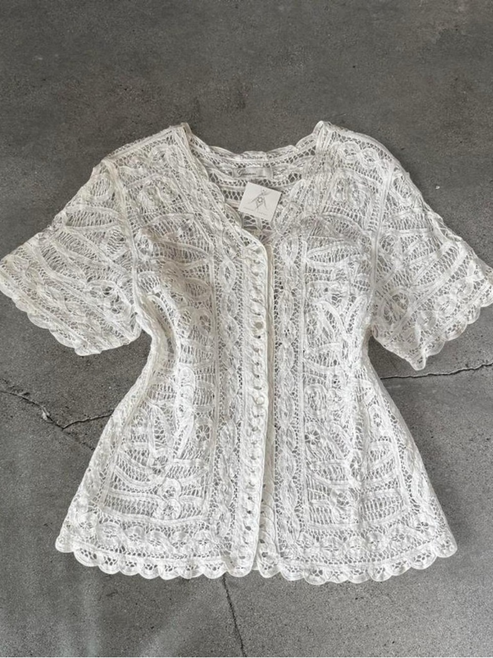 Vintage White Ribbon Lace Crochet Button-Down Top